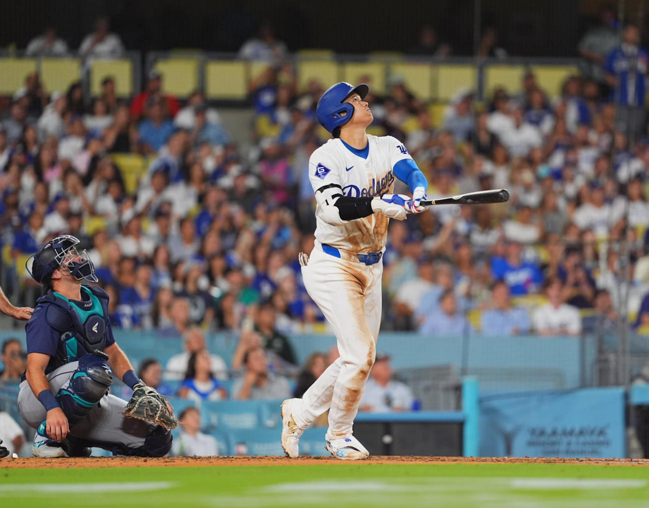 ドジャース対マリナーズ　3回裏ドジャース1死、中飛に倒れる大谷（撮影・菅敏）