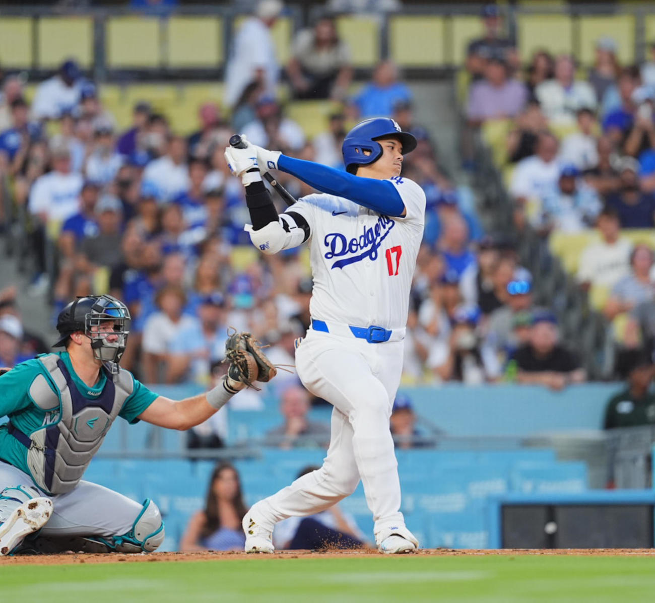 ドジャース対マリナーズ　1回裏ドジャース無死、空振りの三振に倒れる大谷（撮影・菅敏）