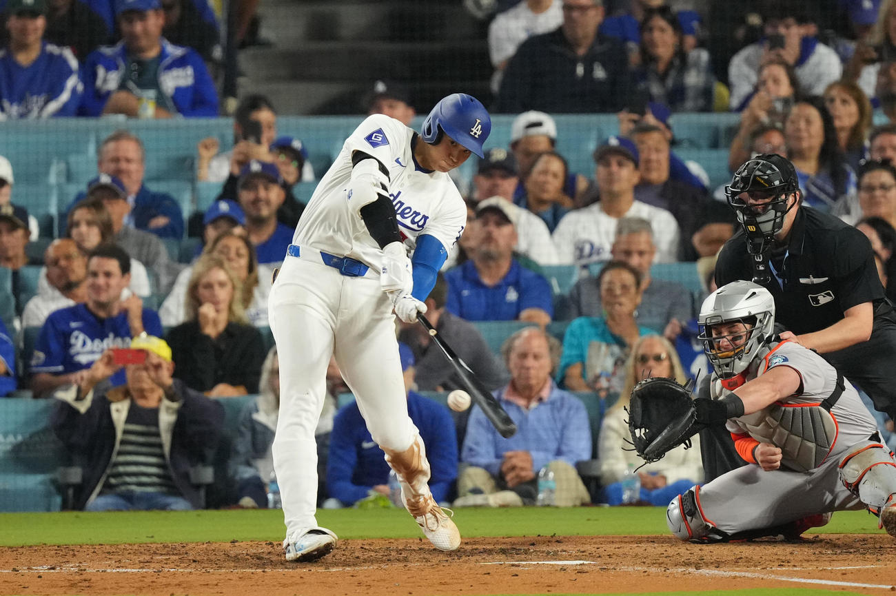ドジャース対オリオールズ　5回裏ドジャース無死一塁、一ゴロに倒れる大谷（撮影・菅敏）