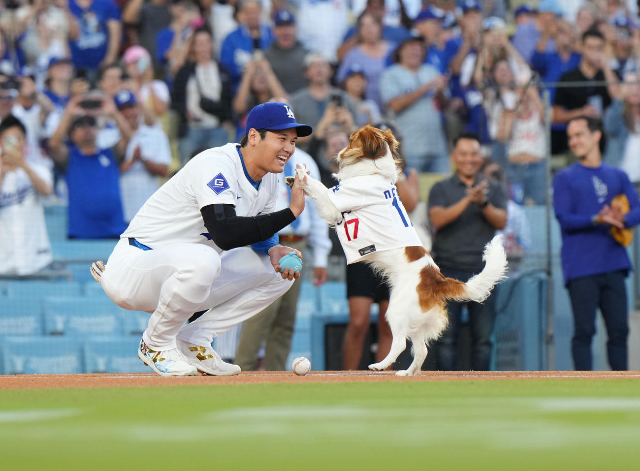 ドジャース対オリオールズ　始球式を務めた愛犬のデコピンとタッチをする大谷（撮影・菅敏）