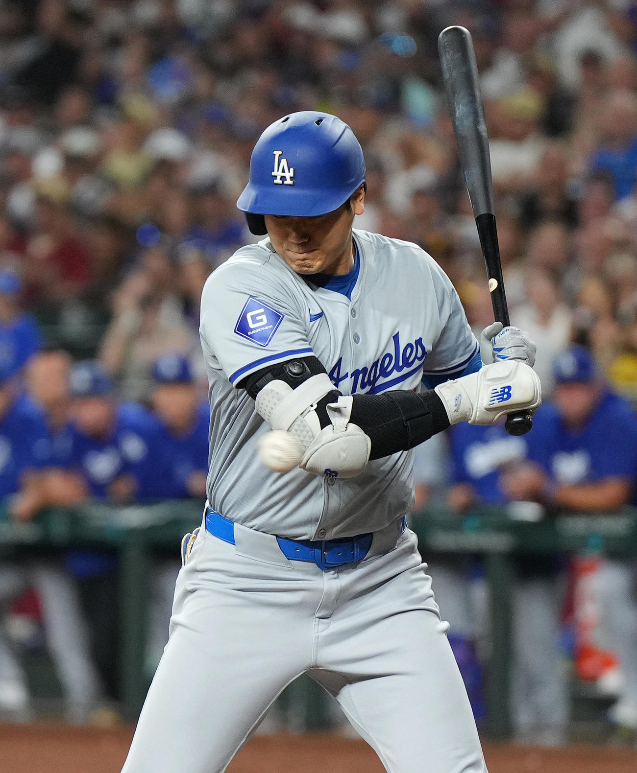ダイヤモンドバックス対ドジャース　2回表ドジャース無死一、三塁、死球を受ける大谷（撮影・菅敏）