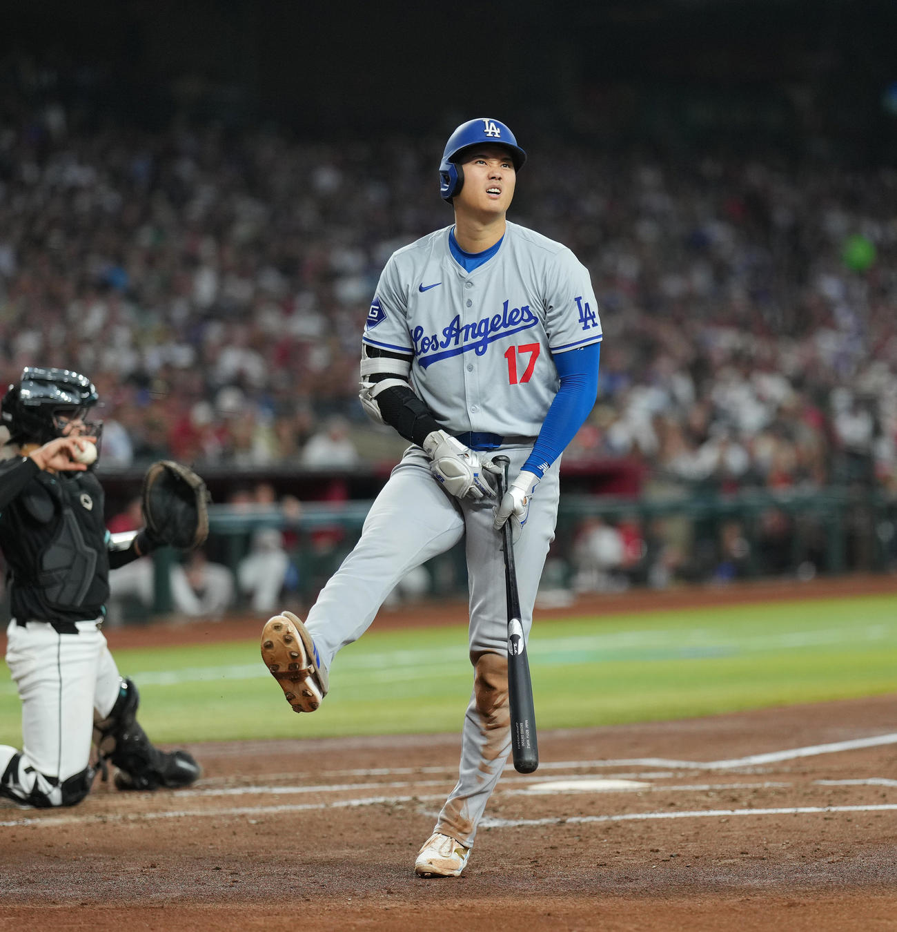 ダイヤモンドバックス対ドジャース　3回表ドジャース無死二塁、自打球を受け、顔をゆがめる大谷（撮影・菅敏）