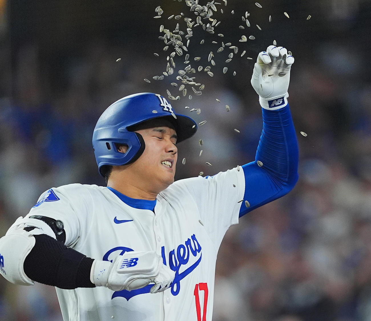 ドジャース対ガーディアンズ　6回裏ドジャース1死、中越えに45号ソロ本塁打を放ち、ヒマワリの種のシャワーで祝福される大谷（撮影・菅敏）