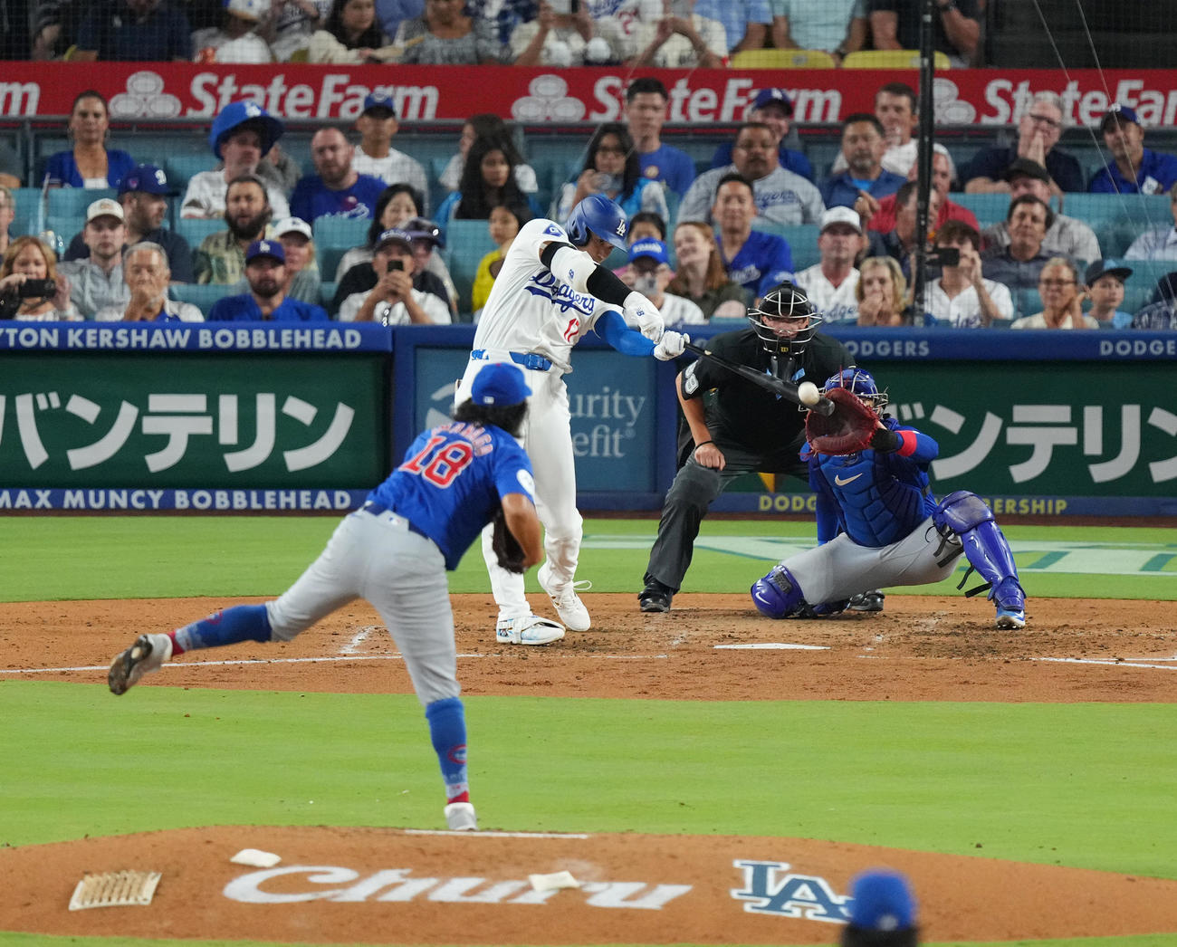 ドジャース対カブス　5回裏ドジャース2死、右飛に倒れる大谷。投手今永（撮影・菅敏）