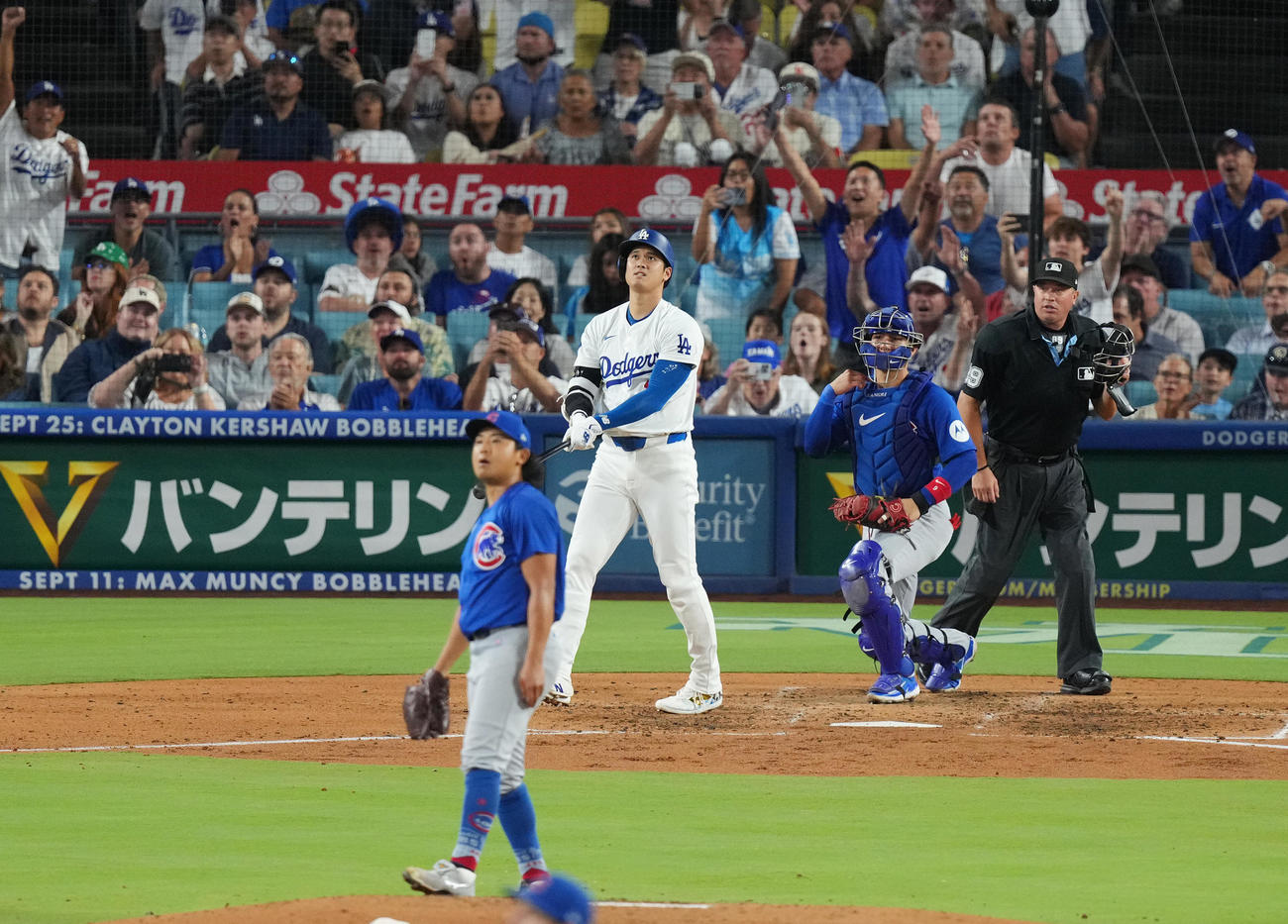 ドジャース対カブス　5回裏ドジャース2死、鋭い打球を放つも右飛に倒れる大谷。投手今永（撮影・菅敏）