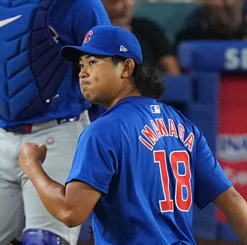 ドジャース対カブス　3回裏ドジャース2死三塁、ベッツを三ゴロに仕留め、ガッツポーズを見せる今永（撮影・菅敏）