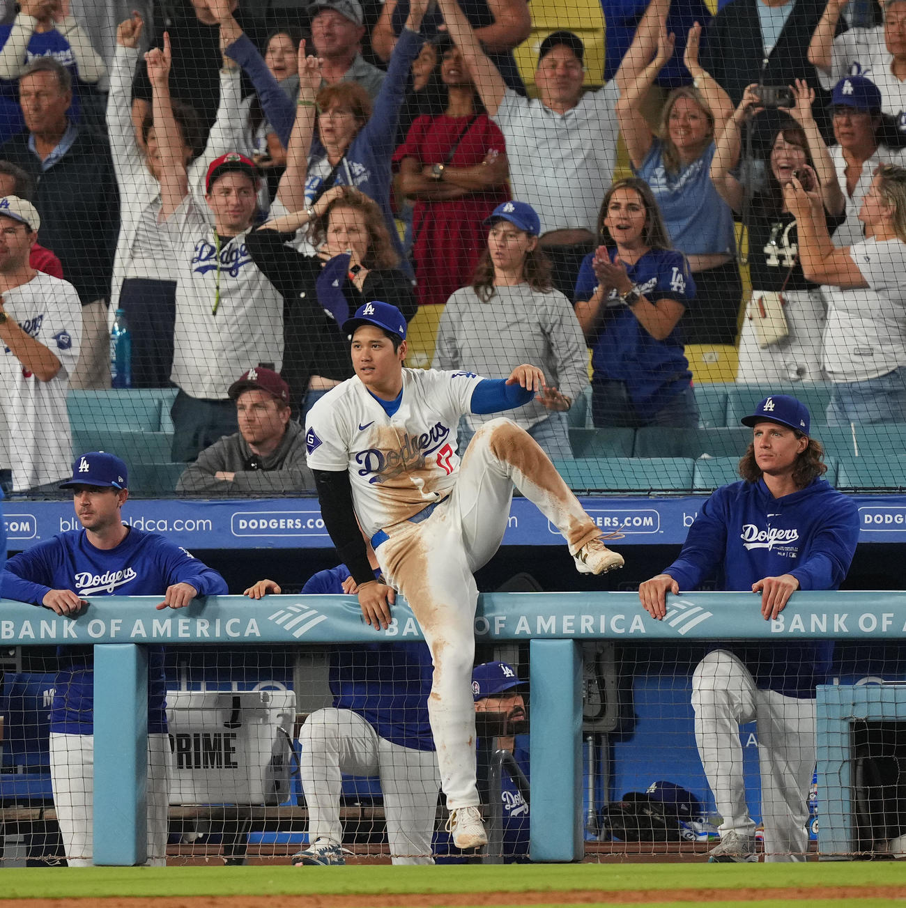 ドジャース対カブス　カブスに勝利し、フェンスを乗り越え、フィールドに向かうドジャース大谷（中央）（撮影・菅敏）