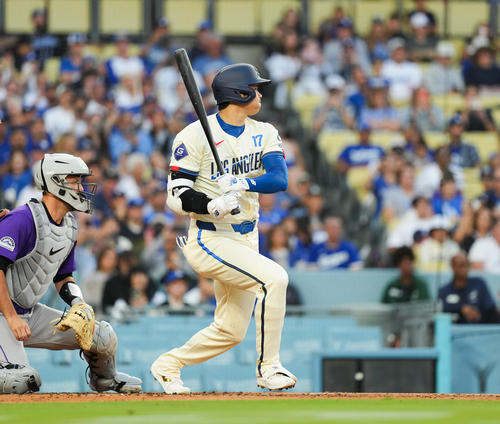 ドジャース対ロッキーズ　1回裏ドジャース無死、三ゴロに倒れる大谷（撮影・菅敏）