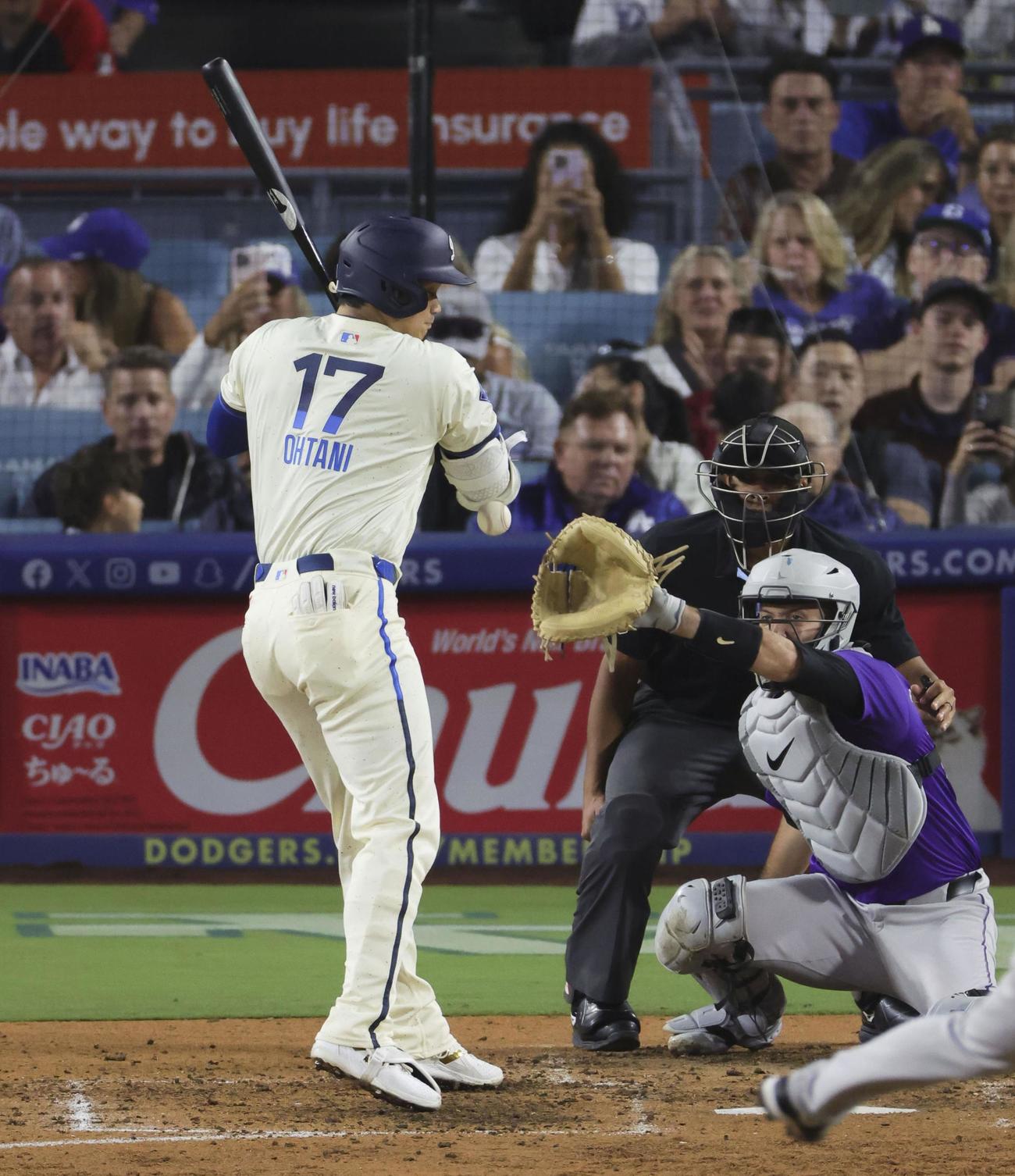 ロッキーズ戦の6回、死球を受けるドジャース・大谷（共同）