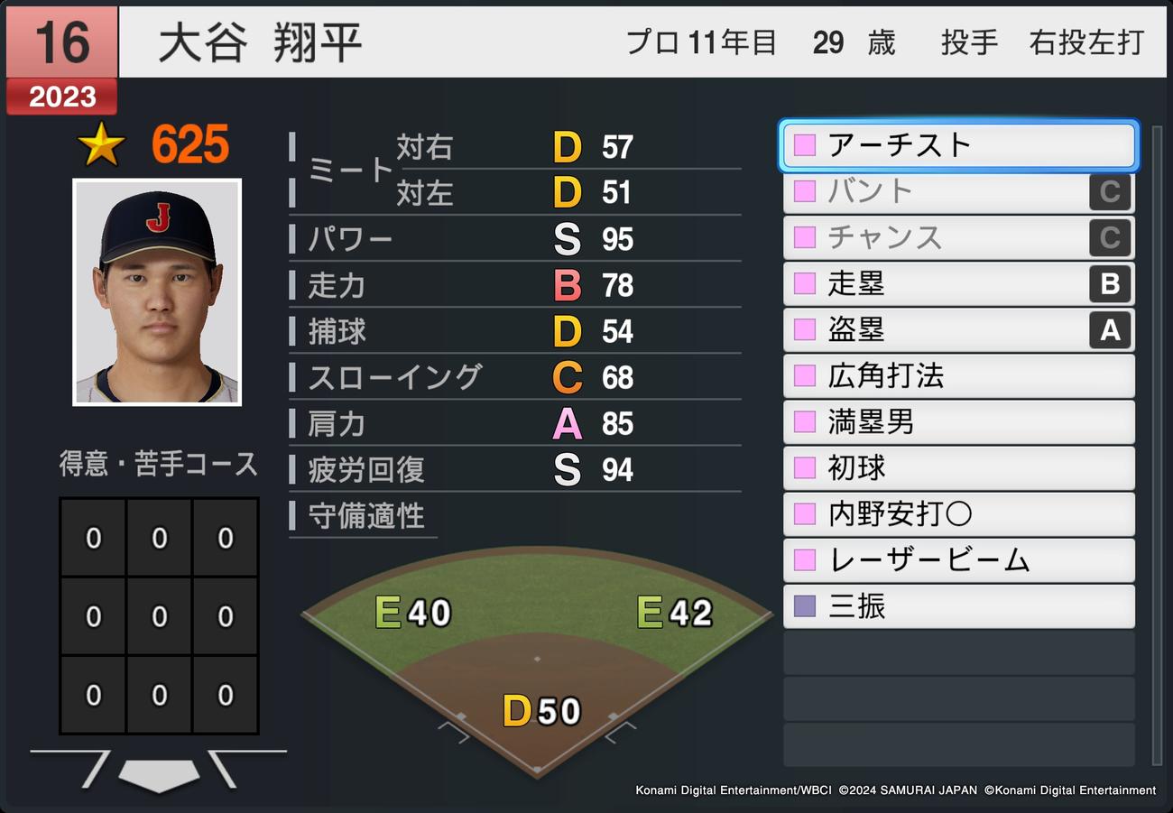 ドジャース大谷翔平投手は、10月17日に発売されるゲーム「プロ野球スピリッツ2024－2025」で現役で唯一の「盗塁A」の能力値が、最近の活躍を考慮して急きょ付けられた（コナミデジタルエンタテインメント提供）