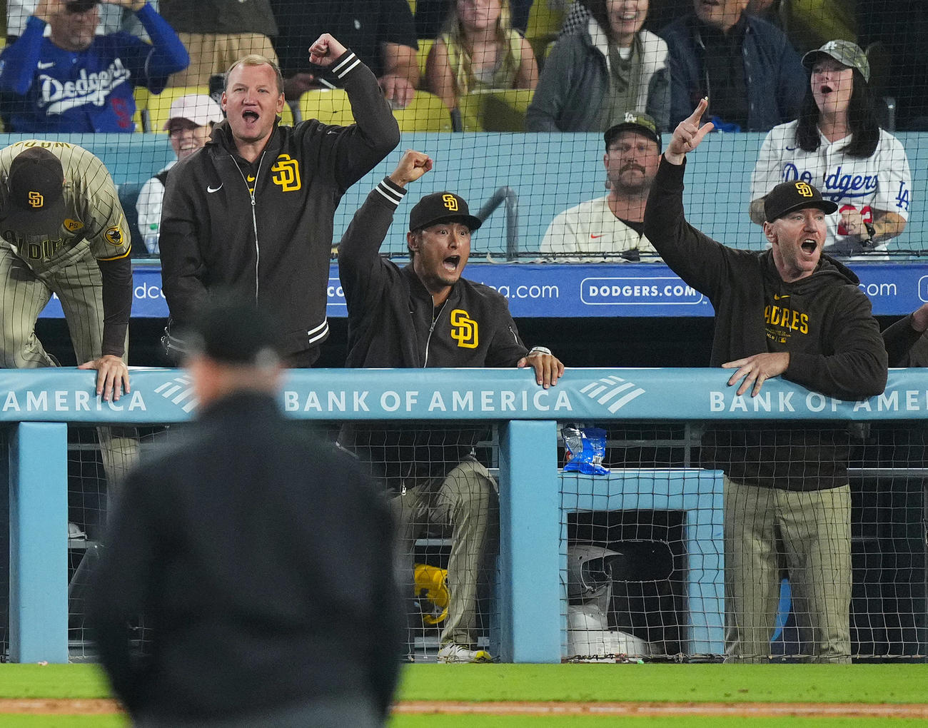ドジャースに勝利しプレーオフ進出を決め、ベンチでガッツポーズを見せるパドレス・ダルビッシュ（左から3人目）（撮影・菅敏）