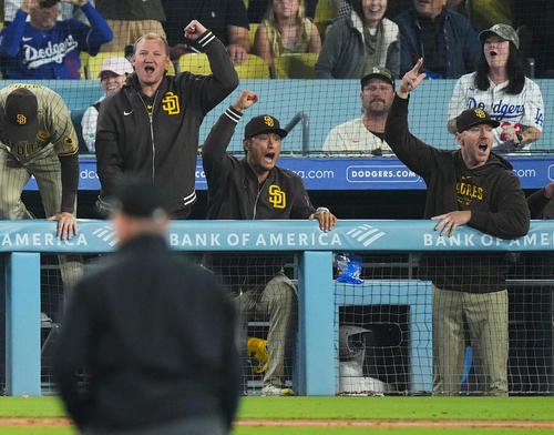 ドジャースに勝利しプレーオフ進出を決め、ベンチでガッツポーズを見せるパドレス・ダルビッシュ（左から3人目）（撮影・菅敏）