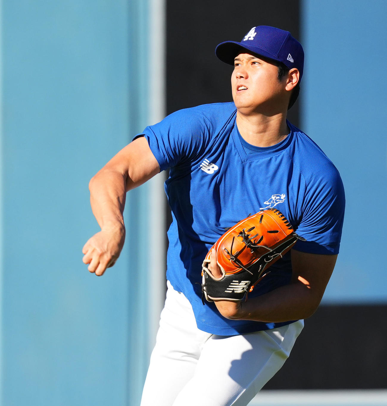 ドジャース対パドレス　試合前、試合前、キャッチボールで調整するドジャース大谷（撮影・菅敏）