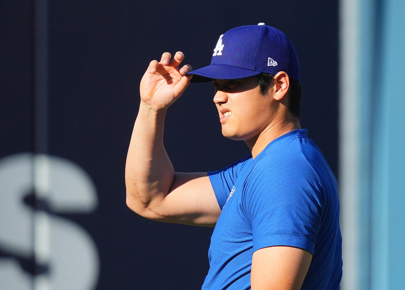 ドジャース対パドレス　試合前、試合前、キャッチボールで調整するドジャース大谷（撮影・菅敏）