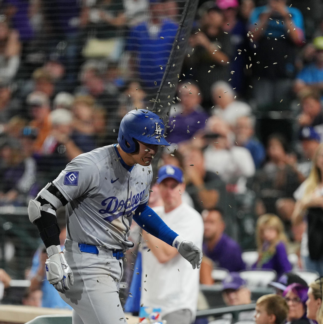 ロッキーズ対ドジャース　6回表ドジャース無死一、三塁、右越えに54号3点本塁打を放ち、ヒマワリの種を浴びる大谷（撮影・菅敏）