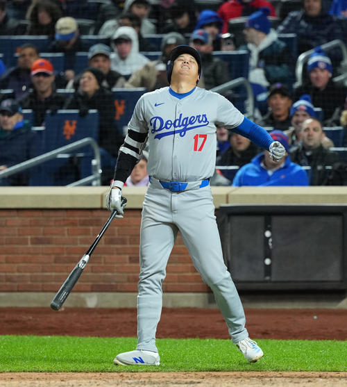 メッツ対ドジャース　6回表ドジャース2死、自打球を受け、もん絶する大谷（撮影・菅敏）