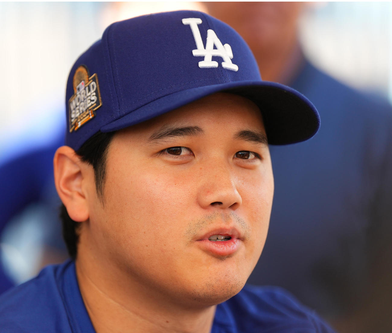 ワールドシリーズの前日会見で抱負を話すドジャース大谷（撮影・菅敏）