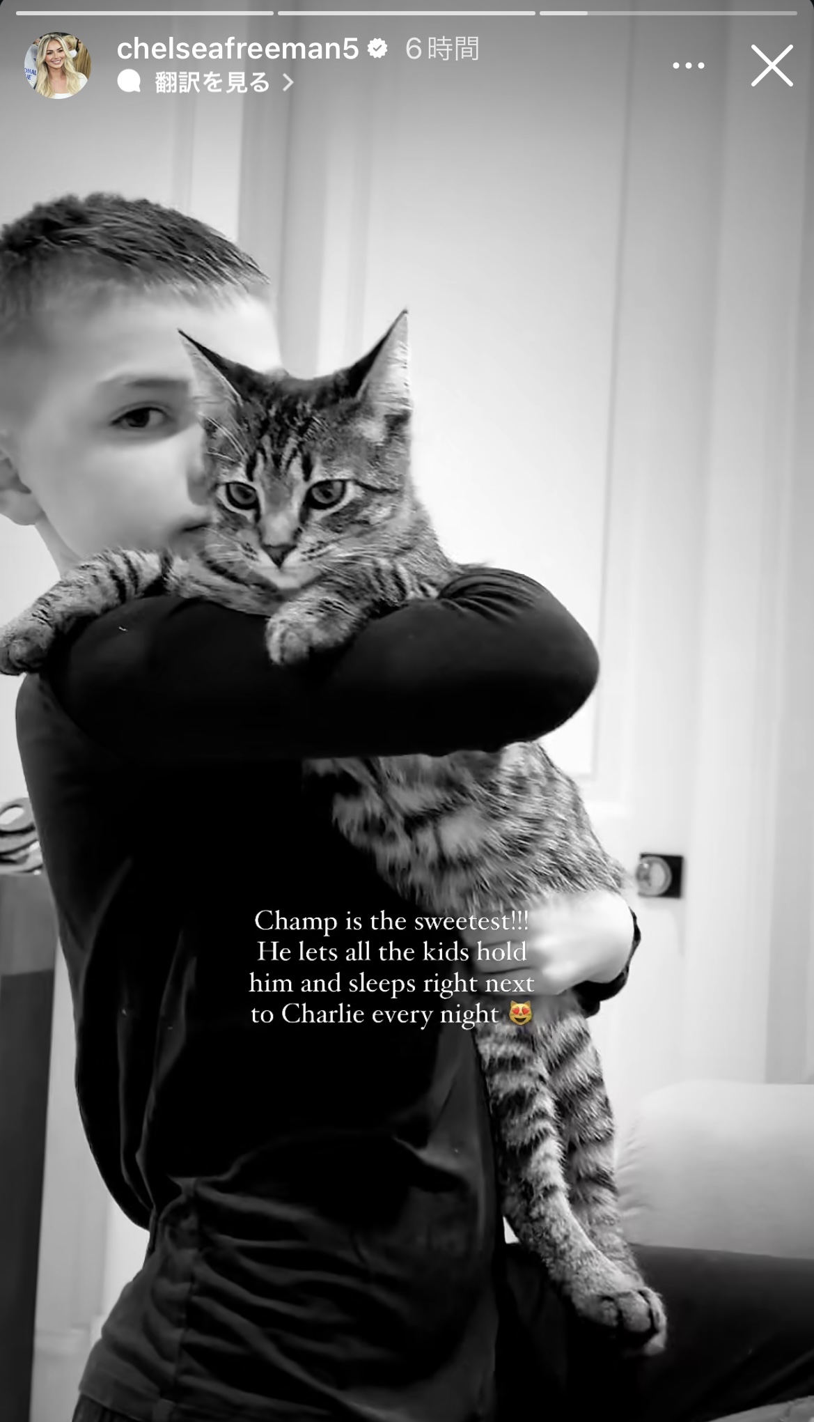 フリーマン妻、愛猫チャンプと8歳長男メロメロ動画公開 ファンは