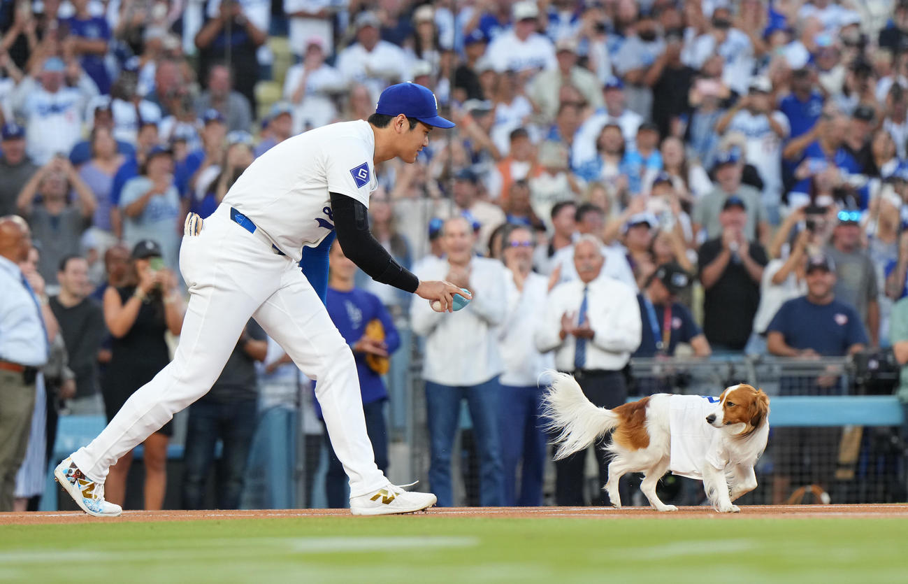 2024年8月、始球式を務めた愛犬デコピンを追いかける大谷翔平