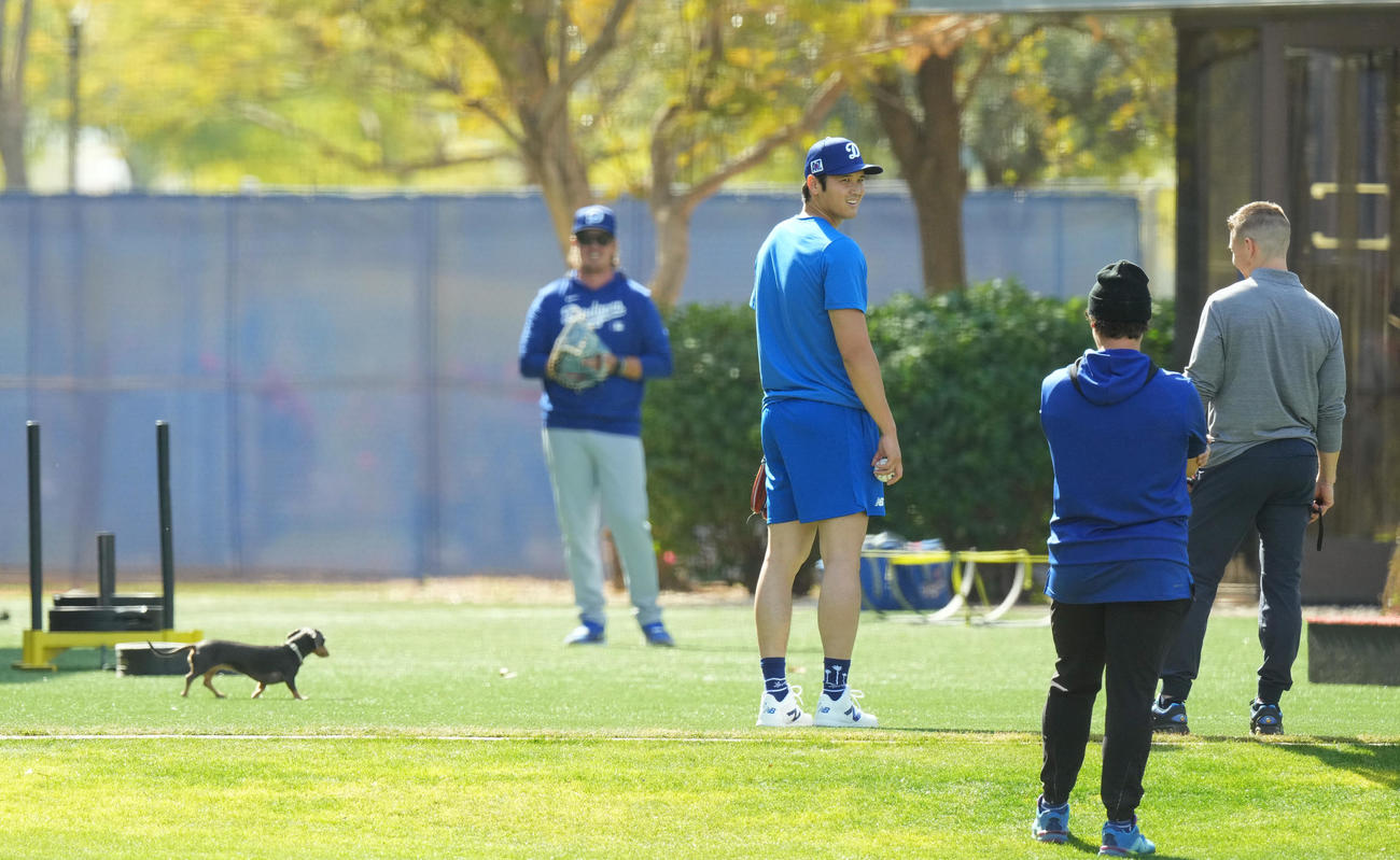 キャンプ地でキャッチボールをするドジャース大谷（中央）は、フィールドに登場したかわいいワンちゃんを前に笑顔を見せる（撮影・菅敏）