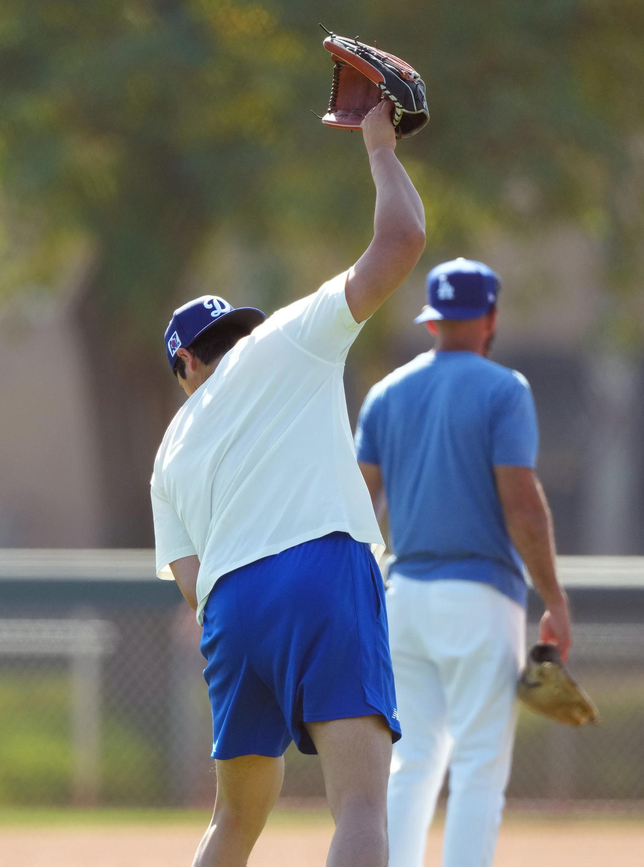 キャッチボールの合間にグローブを投げるポーズをとるドジャース大谷（撮影・菅敏）