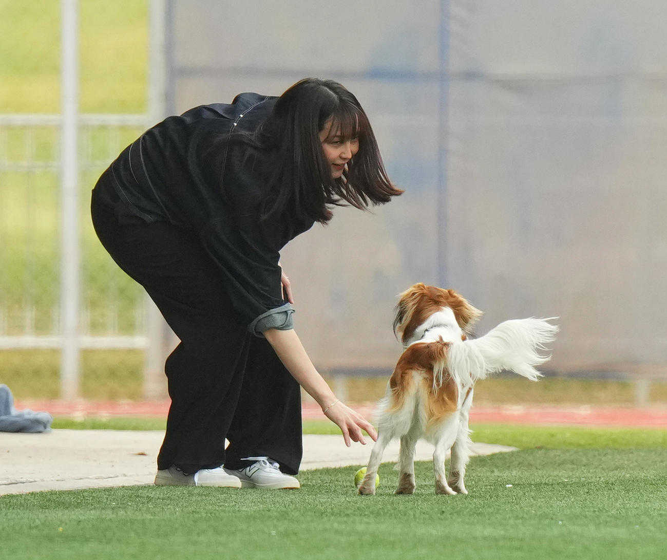 キャンプ地で愛犬デコピンと遊ぶ真美子夫人（撮影・菅敏）