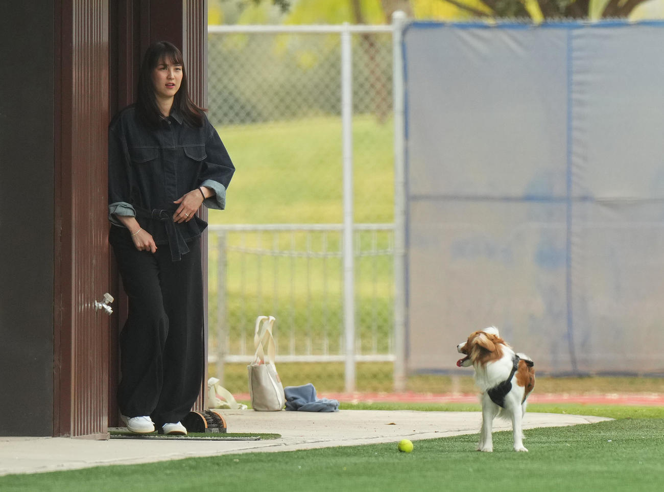 キャンプ地で愛犬デコピンに歩み寄る真美子夫人（撮影・菅敏）