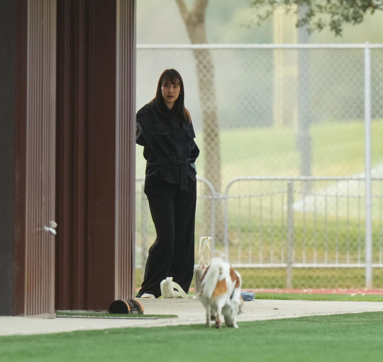 キャンプ地で遊ぶ愛犬デコピンを見守る真美子夫人（撮影・菅敏）