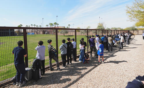 キャンプ地で自主トレをするドジャース大谷を一目見ようと集まったファンら（撮影・菅敏）
