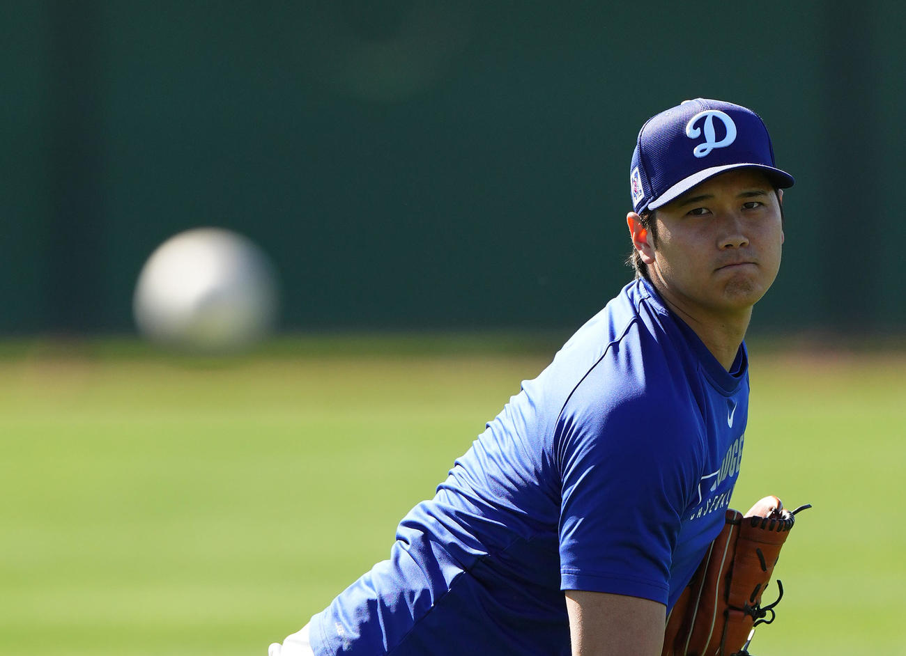 キャッチボールをするドジャース大谷（撮影・菅敏）