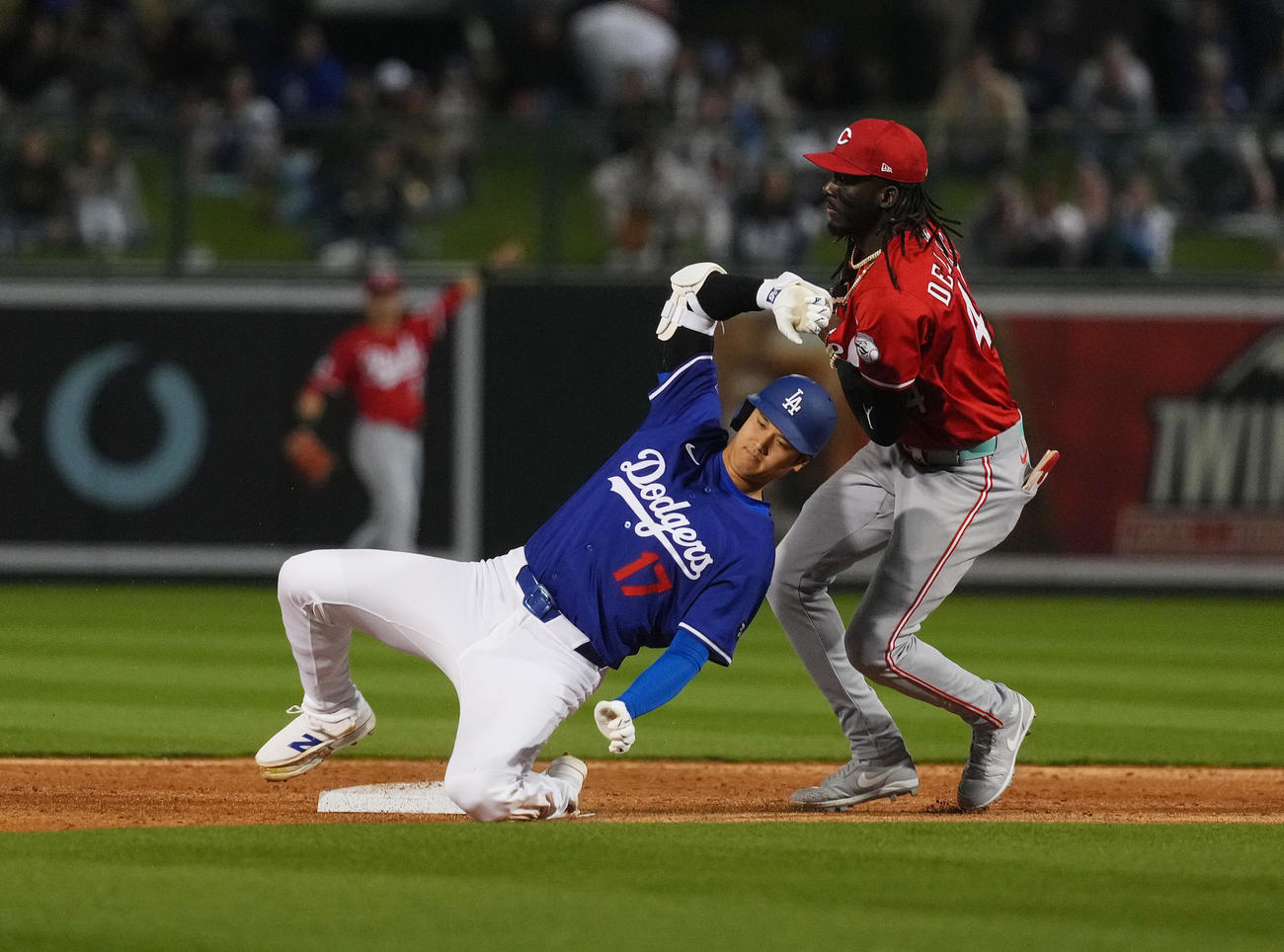 オープン戦・ドジャース対レッズ　3回裏ドジャース1死、右翼線に安打を放ち、二塁を狙うもアウトとなる大谷。左はデラクルス（撮影・菅敏）