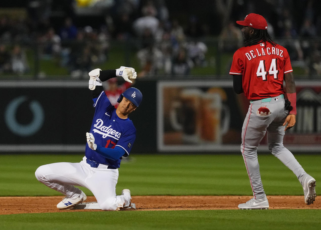 オープン戦・ドジャース対レッズ　3回裏ドジャース1死、右翼線に安打を放ち、二塁を狙うもアウトとなる大谷。左はデラクルス（撮影・菅敏）