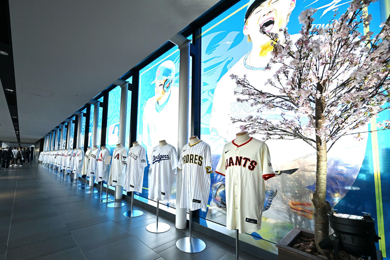 会場で展示されている大リーグのユニホーム（撮影・滝沢徹郎）