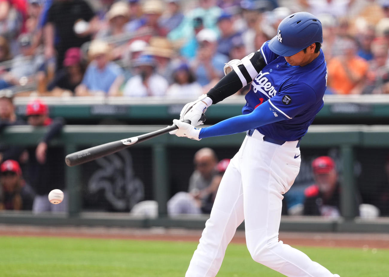 オープン戦・ドジャース対ガーディアンズ　2回裏ドジャース2死二、三塁、一ゴロに倒れる大谷（撮影・菅敏）