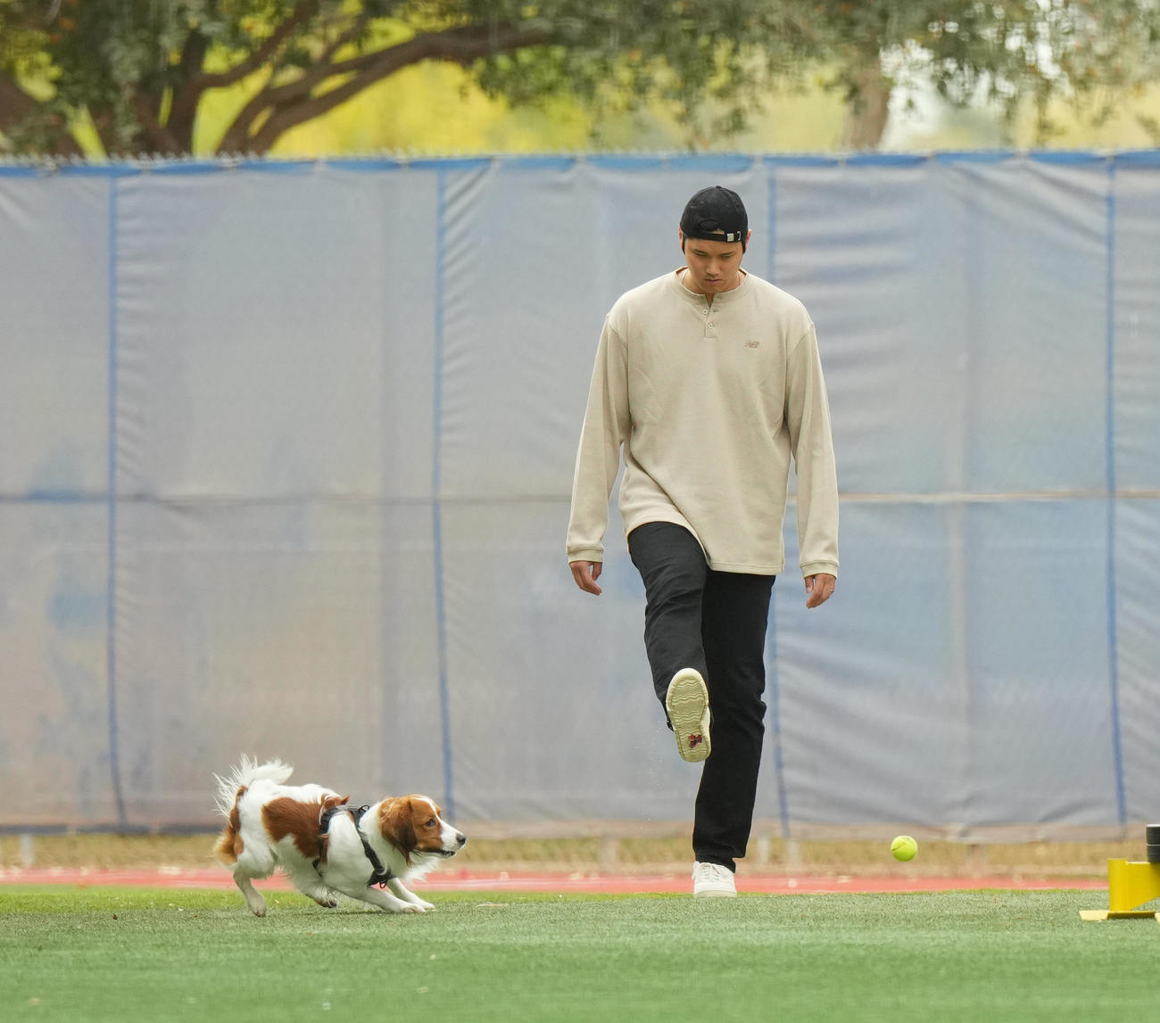 キャンプ地でデコピンくんと遊ぶドジャース大谷（撮影・菅敏）