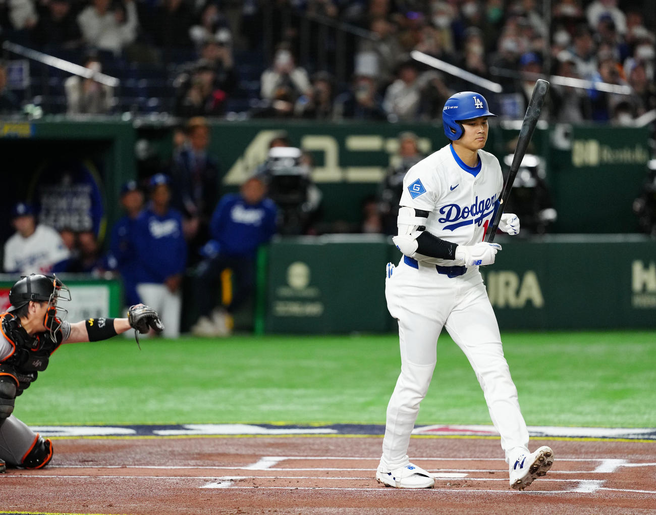 巨人対ドジャース　1回表ドジャース無死、四球を選んだ大谷（撮影・江口和貴）