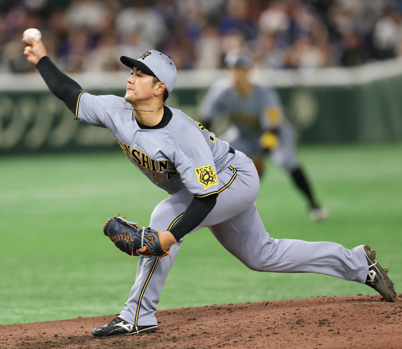 阪神対ドジャース　力投する阪神岡留（撮影・野上伸悟）