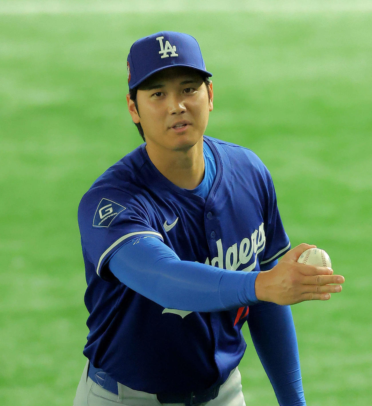 ドジャース対カブス　試合前、練習に臨むドジャース大谷（撮影・河田真司）