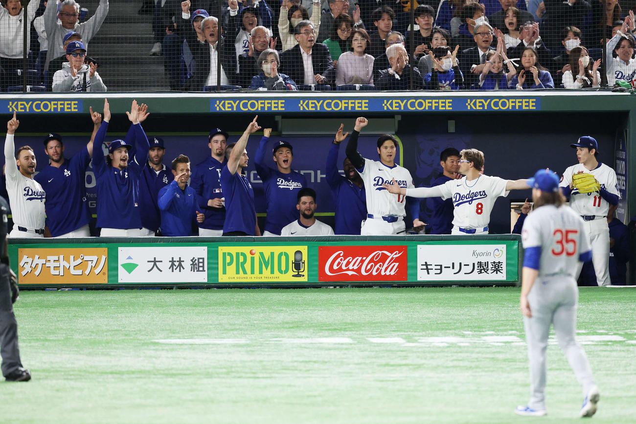 カブス対ドジャース　3回表ドジャース2死、エドマンがソロ本塁打を放ち喜ぶ山本（中央）と大谷（同右）と佐々木（右端）ら（撮影・宮地輝）