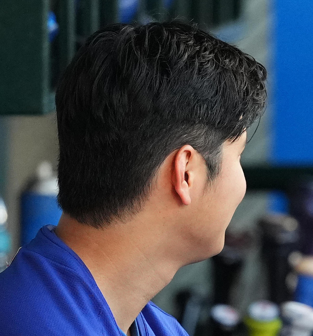 ニューヘアーで登場したドジャース大谷（撮影・菅敏）