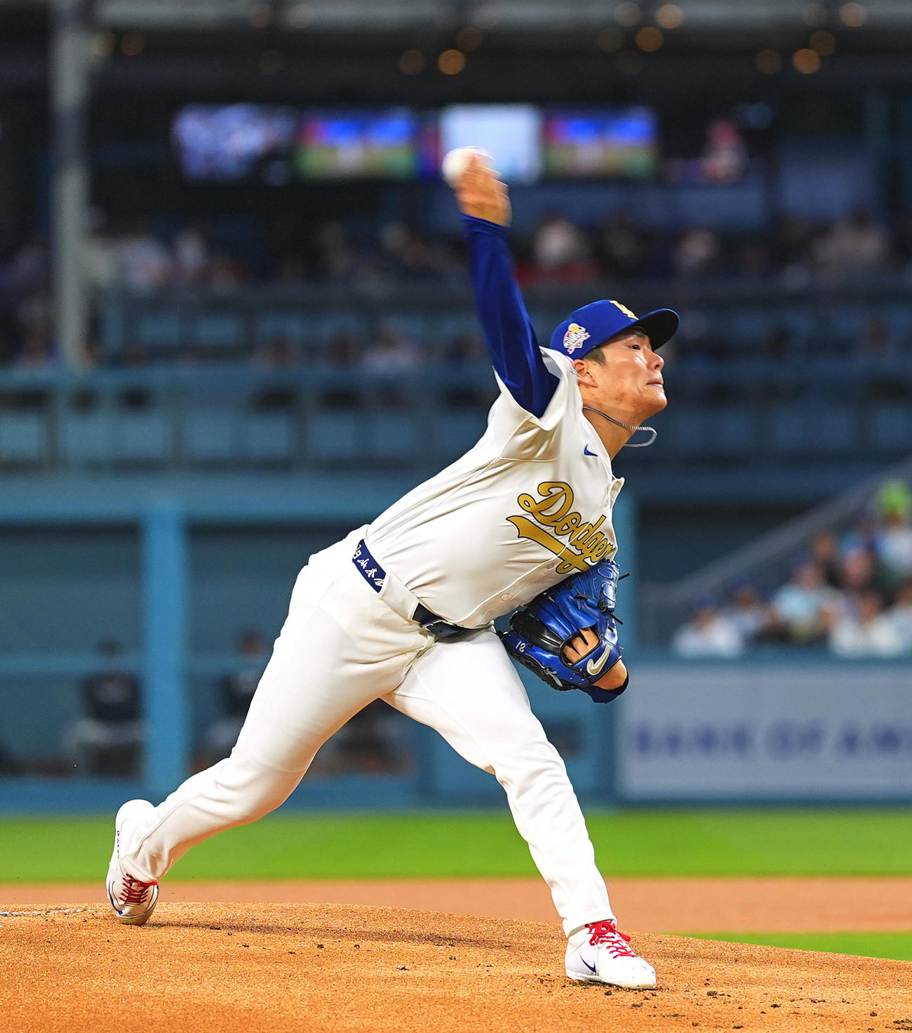ドジャース対タイガース　ドジャース先発の山本（撮影・菅敏）