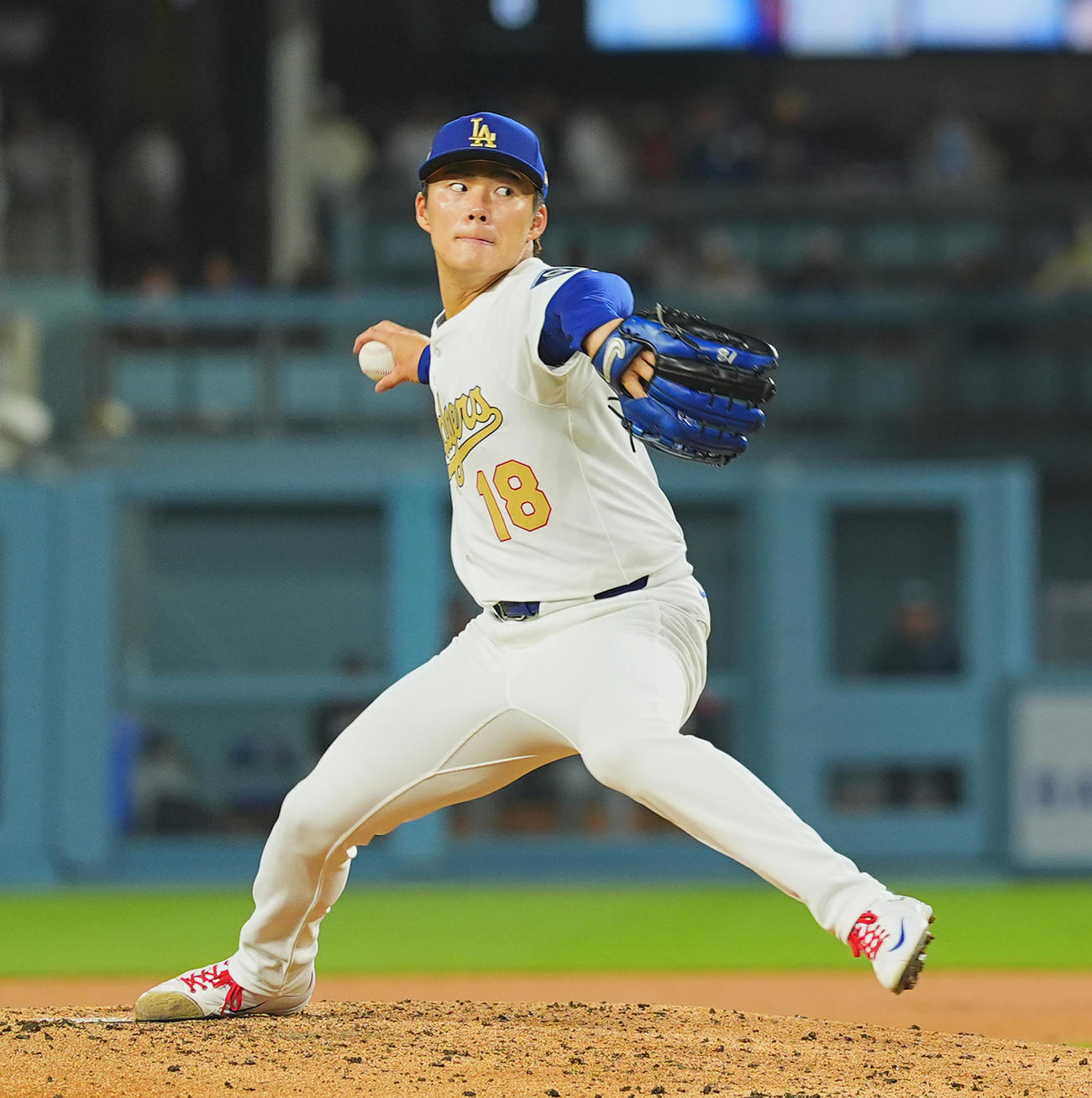 ドジャース対タイガース　ドジャース先発の山本（撮影・菅敏）