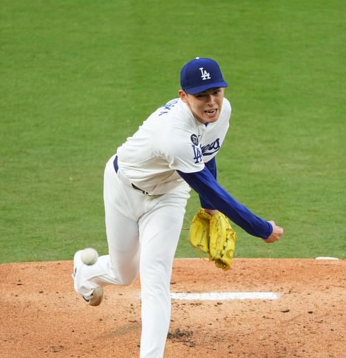 ドジャース対タイガース　ドジャース先発の佐々木（撮影・菅敏）