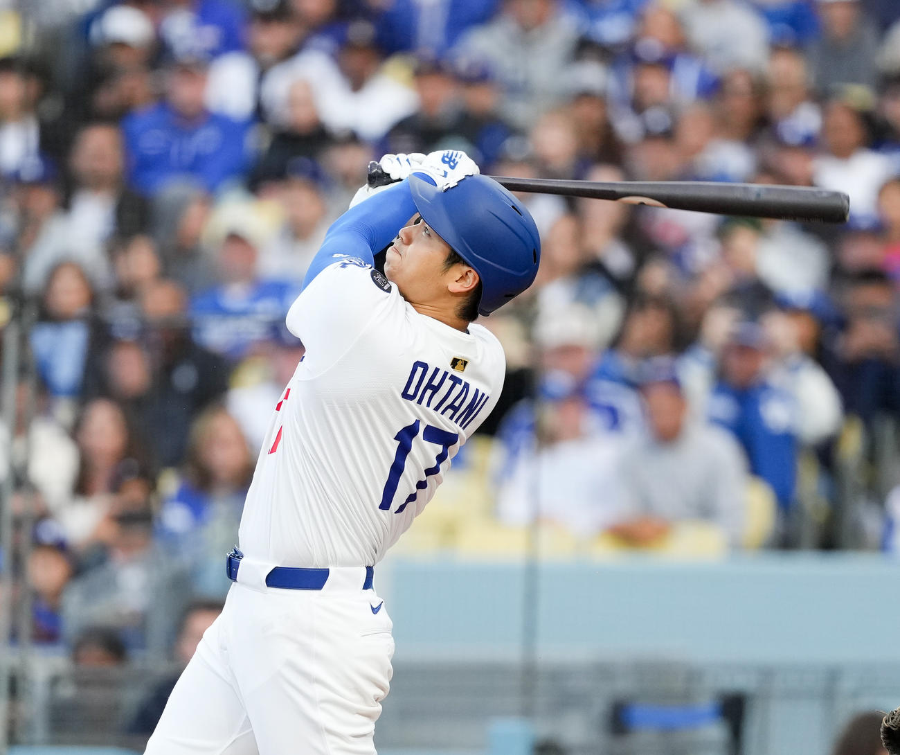 ドジャース対ブレーブス　3回裏ドジャース1死、右飛に倒れる大谷（撮影・菅敏）