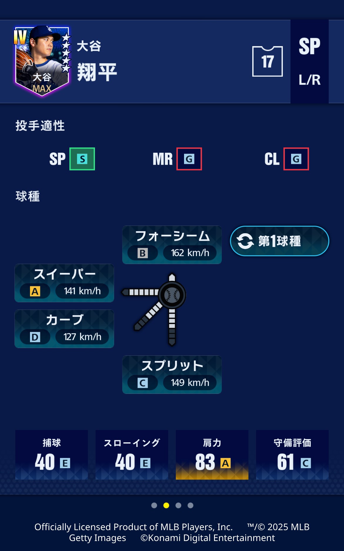 ゲーム「MLB PRO SPIRIT」に投手として登場するドジャース大谷翔平の能力値。コナミデジタルエンタテインメント提供