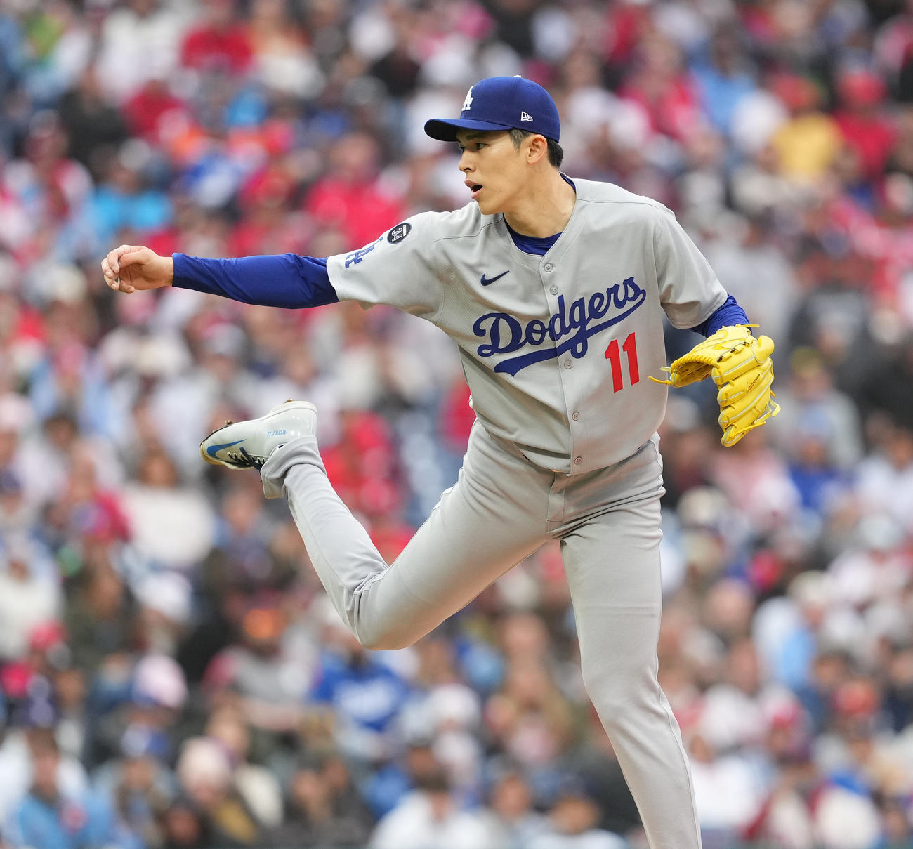 フィリーズ対ドジャース　フィリーズ戦に先発し、4回0／3を投げて3安打1失点のドジャース佐々木（撮影・菅敏）
