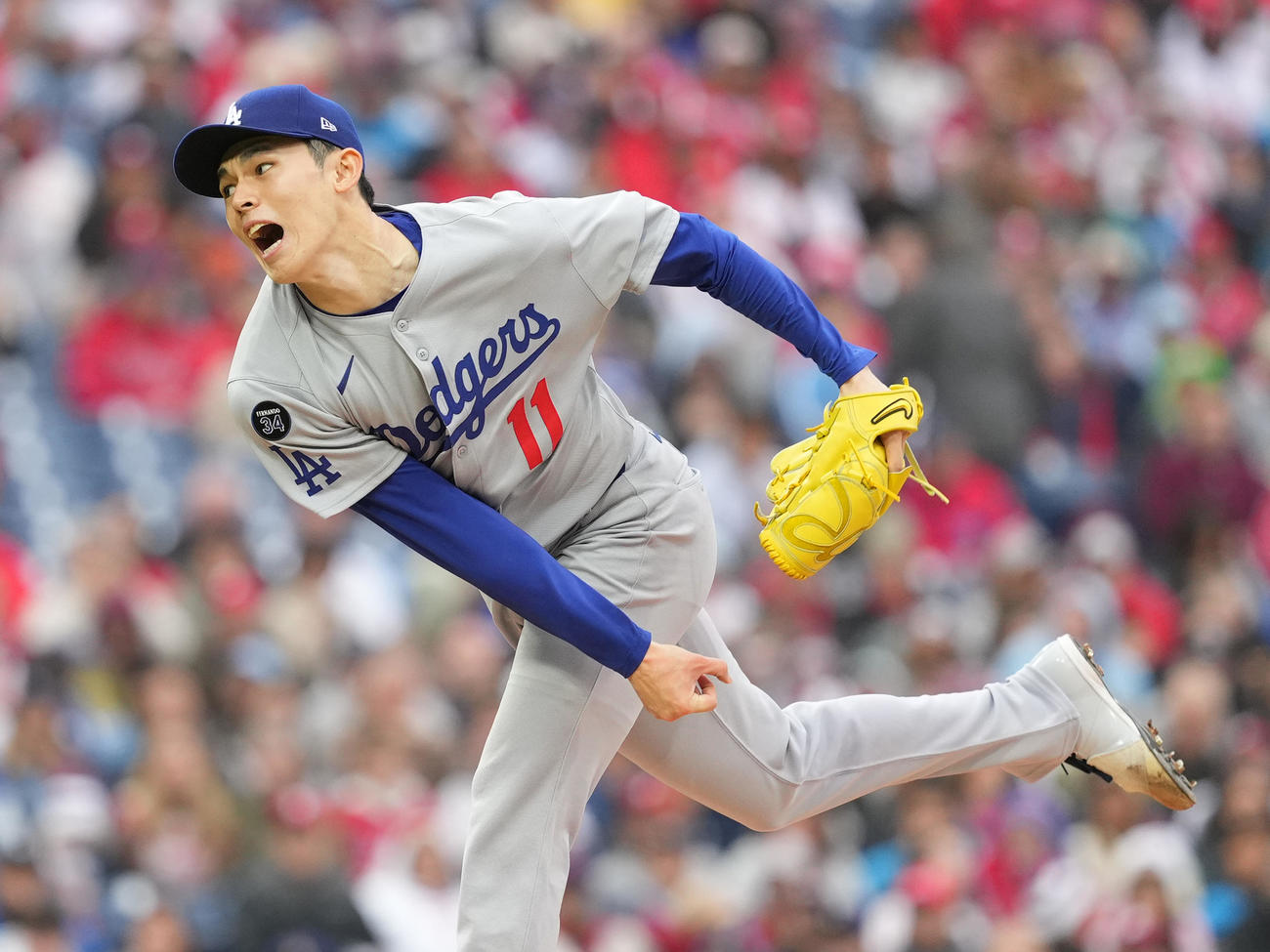 フィリーズ対ドジャース　フィリーズ戦に先発し、4回0／3を投げて3安打1失点のドジャース佐々木（撮影・菅敏）