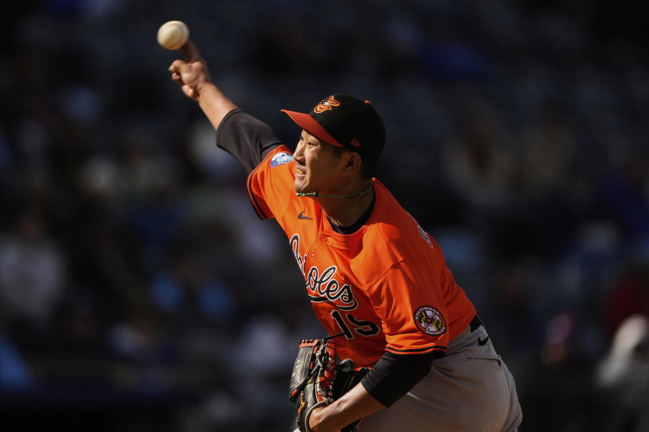 ロイヤルズ戦で力投するオリオールズ菅野智之菅野智之（AP)