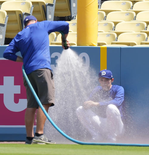 ドジャース対カブス　試合前、フィールドに水をまくスタッフを見つめるドジャース佐々木（撮影・菅敏）