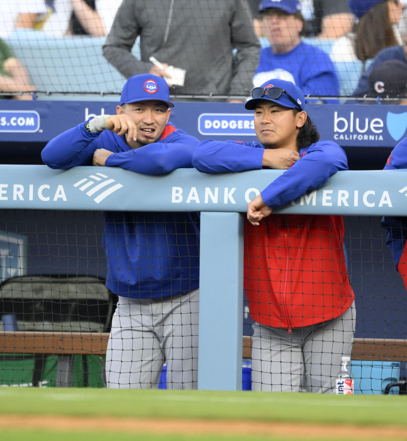 ドジャース戦のベンチで試合を見るカブス・鈴木（左）と今永（共同）